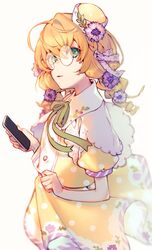  blonde_hair braid cellphone commentary_request cowboy_shot dress female flower from_side glasses green_eyes green_ribbons hair_flower hair_ornament hat highres holding holding_phone long_hair looking_at_viewer looking_to_the_side mini_hat mirin_chikuwa neck_ribbon nijisanji parted_lips phone puffy_short_sleeves puffy_sleeves ribbon round_eyewear short_sleeves simple_background smartphone solo twin_braids virtual_youtuber white_background yaguruma_rine yellow_dress yellow_hat 