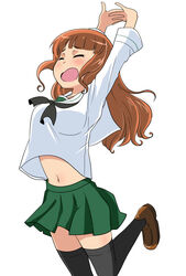  arms_up black_neckerchief black_thighhighs blouse blunt_bangs brown_footwear closed_eyes commentary cowboy_shot female girls_und_panzer green_skirt highres interlocked_fingers leg_up loafers long_hair long_sleeves midriff miniskirt navel neckerchief ooarai_school_uniform open_mouth orange_hair own_hands_together pleated_skirt sailor_collar school_uniform serafuku shirt shoes simple_background skirt solo standing standing_on_one_leg stretching takebe_saori thighhighs wakku_kan white_background white_sailor_collar white_shirt 