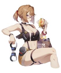  :t absurdres bag bare_arms bare_legs bare_shoulders black_tank_top breasts brown_hair burger cleavage commentary_request commission crop_top cuffs feet_out_of_frame female food girls&#039;_frontline glasses grizzly_mkv_(girls&#039;_frontline) grizzly_mkv_(weekend_cop)_(girls&#039;_frontline) gun hand_up handcuffs handgun highres holding holding_food holding_handcuffs large_breasts looking_at_viewer midriff navel no.1_machine official_alternate_costume ponytail purple_eyes red-framed_eyewear second-party_source short_hair short_shorts shorts simple_background sitting solo stomach tank_top thigh_strap thighs watch weapon white_background wristwatch yellow_shorts 