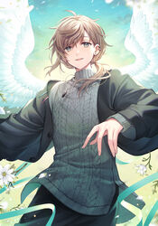  1boy aran_sweater bangs black_jacket black_pants blue_sky brown_hair cloud commentary_request day ear_piercing eyebrows_visible_through_hair feathered_wings flower grey_hair grey_sweater hair_between_eyes hair_over_shoulder highres jacket kanae_(nijisanji) long_hair long_sleeves looking_at_viewer low_ponytail male_focus nijisanji open_clothes open_jacket outdoors pants parted_lips petals piercing ponytail shiao sky smile solo sweater turtleneck turtleneck_sweater virtual_youtuber white_flower white_wings wings 