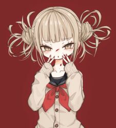  bad_id bad_pixiv_id bags_under_eyes black_sailor_collar blonde_hair blood blood_on_face boku_no_hero_academia brown_eyes cardigan double_bun female grey_cardigan hair_bun hands_up long_sleeves looking_at_viewer messy_hair narue neckerchief parted_lips red_background red_neckerchief sailor_collar simple_background solo toga_himiko triangle_mouth upper_body 