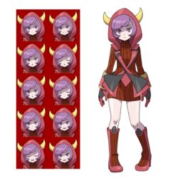  asatsuki_(fgfff) boots closed_mouth commentary_request courtney_(pokemon) dress expressionless expressions fake_horns female full_body gloves highres hood hood_up horns knees looking_at_viewer multiple_views pokemon pokemon_oras purple_eyes purple_hair red_dress ribbed_dress shiny_skin short_hair standing team_magma turtleneck turtleneck_dress white_background 