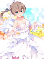  :d bare_shoulders blue_eyes blurry blurry_background blush bow breasts brown_hair commentary_request depth_of_field dress female fuuna hair_between_eyes hairbow highres kantai_collection kazagumo_(kancolle) long_hair looking_at_viewer pleated_dress ponytail see-through sidelocks sleeveless sleeveless_dress small_breasts smile solo wedding_dress white_bow white_dress 