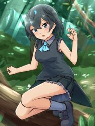  :o ascot bare_arms black_hair black_skirt black_vest blue_ascot blue_eyes claw_pose commentary_request cosplay dappled_sunlight female fossa_(kemono_friends) fossa_(kemono_friends)_(cosplay) frilled_skirt frills full_body grey_footwear grey_shirt hair_between_eyes head_wings highres in_tree kemono_friends looking_at_viewer nature oerba_yun_fang outdoors pleated_skirt shiraha_maru shirt shoes short_hair skirt sleeveless sleeveless_shirt socks solo sunlight superb_bird-of-paradise_(kemono_friends) tail tree twitter_username vest wing_collar wings 