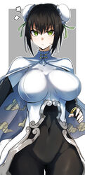  arm_guards black_bodysuit black_gloves black_hair bodysuit breasts bun_cover covered_navel double_bun elbow_gloves fate/grand_order fate_(series) female fingerless_gloves gin_moku gloves green_eyes green_ribbons hair_bun hair_ribbon highres jewelry large_breasts looking_at_viewer neck_ring qin_liangyu_(fate) ribbon sidelocks solo thighs white_bodysuit 