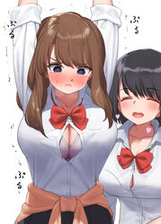  2girls ^_^ arms_up black_hair blue_eyes blush bow bowtie bra breasts brown_hair button_gap cardigan cardigan_around_waist closed_eyes closed_mouth clothes_around_waist collarbone commentary_request kaisen_chuui large_breasts looking_down medium_hair multiple_girls open_mouth orange_cardigan original red_bow red_bowtie shirt short_hair simple_background smile sweat underwear white_background white_shirt 