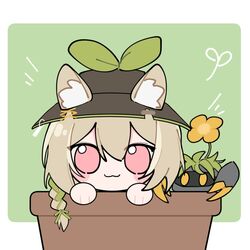  :3 animal_ear_fluff animal_ears arknights beanstalk_(arknights) black_hat blush_stickers braid brown_flower brown_hair chibi closed_mouth commentary_request ears_through_headwear female flower flower_pot green_background green_hair hair_between_eyes hat hyena_ears hyena_girl looking_at_viewer metal_crab_(arknights) multicolored_hair pink_eyes solo two-tone_background two-tone_hair white_background xijian 