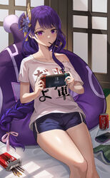  absurdres alternate_costume bean_bag_chair blush book braid can casual cellphone clothes_writing coca-cola collarbone controller drink_can female flower food food_in_mouth game_controller genshin_impact hair_flower hair_ornament highres holding holding_controller holding_game_controller indoors long_hair looking_at_viewer low-braided_long_hair low-tied_long_hair mole mole_under_eye nintendo_switch on_floor phone pocky pocky_in_mouth print_shirt purple_eyes purple_hair raiden_shogun shirt short_shorts shorts single_bare_shoulder sitting skl slime_(genshin_impact) smartphone snack soda_can solo strap_slip t-shirt thighs translation_request 