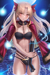  bikini black_bikini black_gloves blonde_hair blue_fire bow breasts cage cage_earrings cape cleavage detached_collar earrings elbow_gloves ereshkigal_(fate) fate/grand_order fate_(series) female fire fur-trimmed_cape fur_trim gloves hairbow highres holding_own_arm hood hood_down hooded_cape ironatsuki jewelry long_hair looking_at_viewer medium_breasts multi-strapped_bikini nail_polish navel parted_bangs parted_lips red_cape red_eyes single_elbow_glove solo spirit standing stomach string_bikini swimsuit thighs two-sided_cape two-sided_fabric two_side_up wading water wet when_you_see_it yellow_cape 