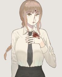  bad_id bad_twitter_id black_necktie blood blood_on_face blood_on_hands braid breasts brown_hair bullet_hole chainsaw_man closed_mouth female grey_background hand_on_own_chest lips long_hair long_sleeves looking_at_viewer makima_(chainsaw_man) necktie ringed_eyes shirt sidelocks simple_background single_braid solo sukekiyo_(skky_0) upper_body white_shirt 