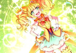  :d arm_strap blonde_hair blush bow bowtie cone_hair_bun cowboy_shot cure_sparkle dutch_angle female floating_hair gloves green_eyes hair_bun hair_ornament healin&#039;_good_precure heart heart_hair_ornament highres hiramitsu_hinata kyoutsuugengo layered_skirt long_hair miniskirt open_mouth precure red_bow red_bowtie skirt smile solo sparkle standing thighhighs twintails white_gloves zettai_ryouiki 