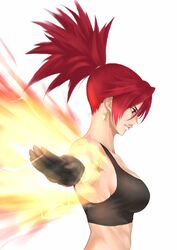  abs anagumasan armpits bare_shoulders black_gloves black_tank_top breasts crop_top earrings female fire from_side gloves highres jewelry leona_heidern military muscular muscular_female obliques orochi_leona ponytail red_eyes red_hair serious snk solo tank_top the_king_of_fighters the_king_of_fighters_all-stars the_king_of_fighters_xiii 