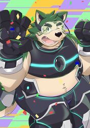  absurd_res anthro armor belly canid canine canis confetti domestic_dog eyewear fur goggles green_body green_fur hi_res lifewonders live_a_hero male mammal midriff mokdai navel nazebesu_hobby one_eye_closed overweight overweight_male solo superhero wink 