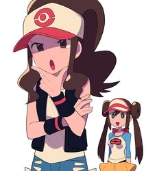  2girls :d :o baseball_cap black_pantyhose black_vest blush bow breasts bright_pupils brown_eyes brown_hair denim denim_shorts double_bun eyelashes green_eyes hair_bun hand_on_own_chin hat high_ponytail highres hilda_(pokemon) imitating long_hair multiple_girls open_mouth pantyhose pantyhose_under_shorts pink_bow pokemon pokemon_bw pokemon_bw2 pokemon_masters_ex raglan_sleeves rosa_(pokemon) shirt shorts sidelocks sleeveless sleeveless_shirt smile stroking_own_chin thinking tongue twintails tyako_089 vest visor_cap white_pupils white_shirt wristband yellow_shorts 