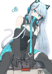  absurdres animal_ear_headphones animal_ears apex_legends black_dress black_gloves blue_eyes blue_hair blush breasts cat_ear_headphones cleavage cleavage_cutout clothing_cutout death_box_(apex_legends) detached_sleeves dress eyebrows_hidden_by_hair fake_animal_ears female gloves headphones highres leaning_to_the_side long_hair medium_breasts original pexsuki restya sitting solo thighhighs white_background 