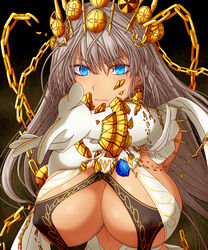  bare_shoulders blue_eyes breasts broken broken_chain center_opening chains cleavage crown cuffs dress earrings elbow_gloves fate/grand_order fate_(series) female gloves grey_hair halterneck hasebe_akira jewelry large_breasts long_hair looking_at_viewer neck_ring pointing pointing_at_viewer solo white_dress white_gloves zenobia_(fate) 