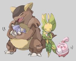  :&gt; :d anzu_(01010611) baby blush_stickers claws closed_eyes closed_mouth commentary cradling egg grey_background happiny happy highres holding holding_egg holding_pokemon kangaskhan leavanny oerba_yun_fang open_mouth pokemon pokemon_(creature) sewaddle sleeping smile standing tongue 