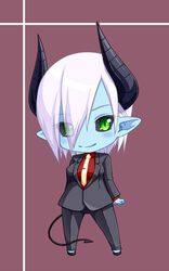  black_horns black_sclera black_suit black_tail blue_skin breasts chibi colored_sclera colored_skin cowboy_shot demon_girl demon_horns demon_tail female formal green_eyes horns kyuu_you large_breasts musuko_ga_kawaikute_shikatanai_mazoku_no_hahaoya necktie purple_background red_shirt shirt short_hair smile suit tail teresa_(mazohaha) white_hair white_necktie 