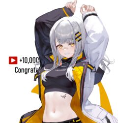  arms_up bandaid bandaid_on_face bandaid_on_nose black_shirt breasts commentary crop_top female grey_hair grin hachi_(live_union) hair_ornament hairclip izumi_sai jacket live_union long_hair long_sleeves looking_at_viewer medium_breasts midriff milestone_celebration mole mole_under_eye multicolored_clothes multicolored_jacket navel open_clothes open_jacket shirt sleeveless sleeveless_shirt sleeveless_turtleneck smile solo stomach symbol-only_commentary tattoo turtleneck two-tone_jacket upper_body virtual_youtuber yellow_eyes 