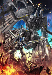  crossbone_gundam crossbone_gundam_x-3 divinidad fighting glowing glowing_eye green_eyes gundam heterochromia highres holding holding_sword holding_weapon looking_up mecha mechanical_wings mobile_armor mobile_suit no_humans open_hand robot science_fiction size_difference sword thrusters v-fin weapon wings yellow_eyes zb_(dawn-blue) 