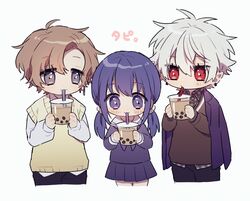  2boys black_sweater blue_eyes blue_hair blue_jacket brown_hair bubble_tea chibi cup drinking_straw drinking_straw_in_mouth female grey_eyes highres holding holding_cup jacket jacket_on_shoulders kanae_(nijisanji) kuzuha_(nijisanji) multiple_boys nijisanji red_eyes school_uniform serafuku shirt simotuki_ichi sweater twintails vest virtual_youtuber white_background white_hair white_shirt yellow_vest yuuki_chihiro 