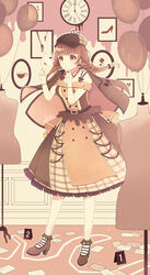  absurdres ankle_boots bad_id bad_pixiv_id balloon belt blunt_bangs boots braid brown_eyes brown_hair buttons cabbie_hat chalk_outline clock coat crime_scene detached_collar detective drawing_(object) dress dress_form envelope female gloves gradient_hair hand_on_own_chin hat high_heel_boots high_heels highres holding holding_envelope hoshifuru_akiyo inspecting lace_trim layered_dress light_particles looking_at_object mannequin multicolored_hair off-shoulder_dress off_shoulder original plaid signature solo twin_braids 