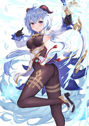  absurdres ahoge amos&#039;_bow_(genshin_impact) armpits ass bare_shoulders bell black_gloves blue_hair bodystocking bow_(weapon) breasts chinese_commentary commentary cowbell detached_collar detached_sleeves female firing floating_hair from_behind ganyu_(genshin_impact) genshin_impact gloves goat_horns gold_trim highres hokori_sakuni holding holding_bow_(weapon) holding_weapon horns ice leg_up long_hair long_sleeves looking_at_viewer looking_back low_ponytail medium_breasts outstretched_arm parted_lips pelvic_curtain shoes solo twisted_torso very_long_hair vision_(genshin_impact) waist_cape weapon white_footwear 