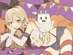  black_neckerchief blonde_hair blue_sailor_collar blue_skirt blush candy cookie elbow_gloves elbow_rest female food gloves hair_between_eyes halloween head_rest highleg highleg_panties kantai_collection long_hair miniskirt neckerchief panties pumpkin purple_background rensouhou-chan sailor_collar shimakaze_(kancolle) simple_background skirt sleeveless smile striped_clothes striped_thighhighs sukekiyo_(skky_0) thighhighs torpedo underwear white_gloves yellow_eyes 