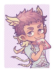  1boy animal_ears bird_ears blue_shirt blush border box brown_hair clothes_writing commentary_request dark-skinned_male dark_skin facial_hair gift gift_box gradient_hair hand_up head_tilt head_wings hermes_(housamo) holding holding_gift hs_640 male_focus multicolored_hair polka_dot polka_dot_background shirt short_hair sideburns solo tokyo_afterschool_summoners translation_request upper_body white_border wings 