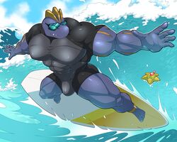  abs bulge clothed clothing eyewear generation_1_pokemon glasses hi_res humanoid machoke maldu male muscular muscular_humanoid muscular_male nintendo pecs pokemon pokemon_(species) ryuji_kaiyo staryu surfboard surfing 