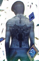  1boy absurdres back back_tattoo bad_id bad_pixiv_id belt blue-eyes_white_dragon blurry brown_hair card enemy_controller english_text highres jewelry kaiba_seto male_focus necklace obelisk_the_tormentor pants solo standing tattoo topless_male wakuwakumkg yu-gi-oh! yu-gi-oh!_duel_monsters 