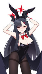  ^_^ alternate_costume animal_ears armpits arms_up bare_shoulders black_hair black_leotard black_wings blue_archive blush bow breasts closed_eyes collarbone detached_collar fake_animal_ears feathered_wings female groin hair_ornament hairband hairclip halo highleg highleg_leotard highres ichika_(blue_archive) large_breasts leotard pantyhose playboy_bunny rabbit_ears rabbit_pose red_bow solo strapless strapless_leotard tost_(cloi123) white_background wings wrist_cuffs 