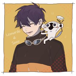  1boy animal animal_on_shoulder blush_stickers character_name closed_eyes flower goggles goggles_around_neck holding holding_flower kekkai_sensen leonardo_watch male_focus monkey open_mouth purple_hair simple_background sonic_speed_monkey sukekiyo_(skky_0) upper_body white_flower 