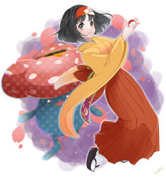  alternate_color black_hair closed_mouth commentary_request erika_(pokemon) eyelashes female full_body grey_eyes hairband hakama hands_up highres holding holding_poke_ball japanese_clothes kimono orange_hairband orange_hakama petals poke_ball poke_ball_(basic) pokemon pokemon_(creature) pokemon_lgpe sandals short_hair signature smile socks tetoc315 vileplume white_legwear wide_sleeves yellow_kimono 