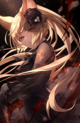  animal_ears black_dress black_gloves blonde_hair dress erune female flower gloves granblue_fantasy hair_flower hair_ornament highres kogome_(azalea4) long_hair pink_eyes ponytail red_flower red_rose rose solo spider_lily twitter_username yuisis_(granblue_fantasy) 