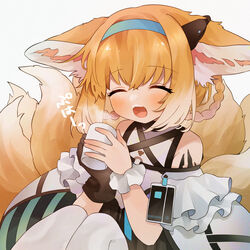  :d ^_^ animal_ear_fluff animal_ears arknights bare_shoulders black_gloves blonde_hair blue_hairband braid braided_hair_rings closed_eyes commentary_request cup facing_viewer female foam_mustache fox_ears fox_girl fox_tail gloves gradient_hair grey_background hair_between_eyes hair_rings hairband highres holding holding_cup kitsune knees_up kyuubi material_growth mug multicolored_hair multiple_tails oripathy_lesion_(arknights) pantyhose shirt simple_background single_glove single_wrist_cuff sitting smile solo steam suzuran_(arknights) tail takumi_mizuki translated twin_braids white_hair white_pantyhose white_shirt wrist_cuffs 