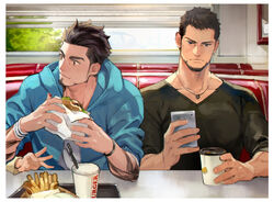  2boys arm_tattoo bara beard black_hair black_shirt blue_eyes brown_eyes burger chips_(food) coffee cor_leonis cup disposable_coffee_cup disposable_cup drink drinking_straw eating facial_hair final_fantasy final_fantasy_xv food gladiolus_amicitia holding holding_food holding_phone hood hood_down hooded_jacket jacket jewelry looking_at_phone male_focus multiple_boys necklace open_clothes open_jacket pectorals phone shirt short_hair sideburns sitting sleeves_rolled_up snack tattoo undercut white_shirt wristband yuzukarin 