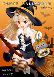  &gt;_&lt; artist_name black_dress black_footwear black_hat blonde_hair boots broom broom_riding candy castle catchphrase center_frills collar collared_dress commentary dated dress eighth_note elbow_gloves english_text female floating food frilled_collar frills gloves hair_ornament hairclip halloween halloween_costume happy_halloween hat highres holding kantai_collection libus lifebuoy long_hair looking_at_viewer musical_note open_mouth orange_background orange_panties orange_thighhighs panties pantyshot pumpkin_shorts purple_panties purple_thighhighs red_eyes rensouhou-chan short_dress sleeveless sleeveless_dress smile solo striped_clothes striped_panties striped_thighhighs swim_ring thighhighs thighs translated underwear white_gloves witch_hat yuudachi_(kancolle) yuudachi_kai_ni_(kancolle) 