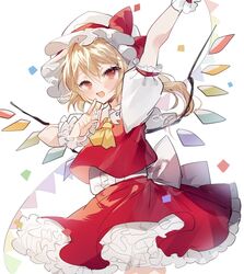  arm_up ascot back_bow blonde_hair blush bow collared_shirt commentary confetti crystal eyelashes female flandre_scarlet frills grey_bow hair_between_eyes hands_up hat hat_bow highres jewelry looking_to_the_side mob_cap multicolored_wings oerba_yun_fang one_side_up open_mouth pointing puffy_short_sleeves puffy_sleeves red_bow red_eyes red_skirt red_vest shirt short_hair short_sleeves simple_background skirt smile solo sorani_(kaeru0768) standing tongue touhou vest white_background white_hat white_shirt wings wrist_cuffs yellow_ascot 