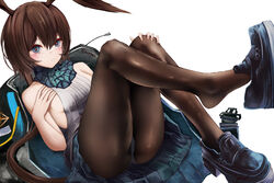  amiya_(arknights) animal_ears arknights ascot bare_shoulders black_pantyhose black_skirt blue_ascot blue_eyes blush breasts brown_hair feet female hair_between_eyes hand_on_own_chest hand_on_own_knee highres jacket kainines legs legs_up long_hair looking_at_viewer lying off_shoulder on_back open_clothes open_jacket pantyhose ponytail rabbit_ears rabbit_girl shirt shoe_dangle sideboob simple_background skirt sleeveless sleeveless_shirt small_breasts solo thighs white_background 