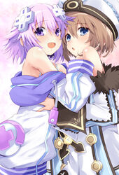  2girls :d bare_shoulders blanc_(neptunia) blue_eyes blush bra brown_hair clothes_pull coat commentary_request d-pad d-pad_hair_ornament from_side fur-trimmed_coat fur_trim hair_between_eyes hair_ornament hand_on_another&#039;s_shoulder hand_on_another&#039;s_waist hand_up hood hooded_jacket hug iwashi_dorobou_-r- jacket jacket_pull long_sleeves looking_at_viewer looking_to_the_side medium_hair multiple_girls neptune_(neptunia) neptune_(series) off-shoulder_coat off_shoulder open_mouth purple_eyes purple_hair smile underwear usb white_coat wide_sleeves yuri 