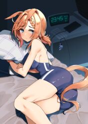  alarm_clock animal_charm animal_ears ass bare_arms bare_legs bare_shoulders blue_eyes blue_one-piece_swimsuit blush braid breasts cellphone charm_(object) clock closed_mouth commentary_request competition_school_swimsuit competition_swimsuit digital_clock ears_down female highres horse_ears horse_girl horse_tail hugging_object komb large_breasts on_bed one-piece_swimsuit orange_hair phone pillow pillow_hug ponytail power_bank school_swimsuit short_hair sideboob single_braid smartphone smartphone_case solo swimsuit tail tail_through_clothes tracen_swimsuit umamusume venus_paques_(umamusume) 