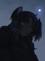  absurdres backlighting blue_eyes braid clear_sky close-up eyelashes eyes_in_shadow female from_below galaxyhill77 grey_hoodie grey_sweater head_wings heterochromia highres hood hoodie looking_down medium_hair moon moonlight night night_sky nijisanji nijisanji_en oerba_yun_fang purple_eyes purple_hair selen_tatsuki skin_fang sky solo sweater twin_braids virtual_youtuber wings 