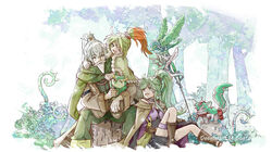  1boy 2girls animal beard bird cape duel_monster facial_hair green_eyes green_hair green_theme gusto_gulldo gusto_squirro holding holding_staff hug long_hair long_sleeves multiple_girls one_eye_closed open_mouth orange_hair pants penguin pilica_descendant_of_gusto ponytail ritual_beast_tamer_elder short_shorts shorts sitting spiritual_beast_rampengu spiritual_beast_tamer_winda staff tamago_(xyxk3743) thigh_strap tree white_hair wide_sleeves winda_(yu-gi-oh!) yu-gi-oh! 