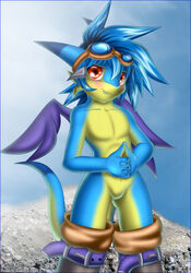  anthro anthrofied blue_body boots clothing dragon eyewear eyewear_on_head featureless_crotch footwear goggles goggles_on_head knifeh looking_at_viewer male multicolored_body mythological_creature mythological_scalie mythology nude purple_wings red_eyes scalie solo tail two_tone_body wings yellow_body 