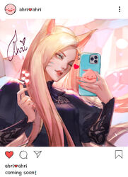  absurdres ahri_(league_of_legends) animal_ears aqua_eyes aqua_eyeshadow blonde_hair cellphone character_name character_signature eyeshadow facial_mark female fingernails fox_ears heart highres holding holding_phone k/da_(league_of_legends) korean_commentary league_of_legends long_fingernails long_hair makeup one_eye_closed parted_lips phone pink_nails red_lips selfie smile solo srasa tail the_baddest_ahri upper_body whisker_markings 