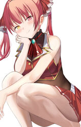  arrow_through_heart ascot bare_legs bare_shoulders blush breasts brown_leotard closed_mouth commentary_request cropped_vest feet_out_of_frame female hair_ribbon hand_on_own_cheek hand_on_own_face heterochromia highres hololive houshou_marine houshou_marine_(1st_costume) legs leotard leotard_under_clothes long_hair looking_at_viewer medium_breasts miniskirt nannann pink_eyes red_ascot red_hair red_ribbon red_skirt red_vest ribbon see-through see-through_leotard simple_background skirt sleeveless smile solo squatting twintails vest virtual_youtuber white_background yellow_eyes 