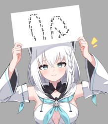  ^^^ animal_ears arms_up blue_neckerchief braid breasts cleavage_cutout clothing_cutout commentary_request detached_sleeves fake_animal_ears female fox_ears fox_girl grey_background hands_up highres holding holding_sign hololive kumarang looking_at_viewer medium_breasts meme neckerchief ribbon-trimmed_sleeves ribbon_trim shirakami_fubuki shirakami_fubuki_(1st_costume) side_braid sign simple_background single_braid smile solo straight-on twitter_rabbit_ears_(meme) upper_body virtual_youtuber white_hair wide_sleeves 