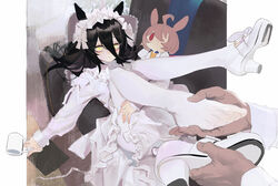  1boy agnes_tachyon_(umamusume) ahoge alternate_costume animal_ears black_hair blush bow character_doll closed_mouth coffee_mug couch cup disembodied_hand dress feet female hair_between_eyes high_heels highres holding holding_another&#039;s_foot holding_cup holding_shoes horse_ears horse_girl legs_up long_hair long_sleeves looking_at_viewer manhattan_cafe_(umamusume) mug multicolored_hair on_couch pantyhose red_eyes sarcophage shoes single_shoe streaked_hair toes umamusume unfinished very_long_hair white_bow white_dress white_footwear white_hair white_pantyhose yellow_eyes 