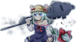  animal_ears aqua_hair azur_lane blue_dress braid chainsaw claws cowboy_shot dress female food gundam gundam_barbatos gundam_tekketsu_no_orphans hair_between_eyes hat highres kindergarten_uniform long_hair long_sleeves looking_at_viewer mace mikazuki_(azur_lane) minase_tamaki name_connection off_shoulder polearm school_hat solo squirrel_ears squirrel_tail standing tail taiyaki very_long_hair wagashi weapon white_background wrench yellow_hat 